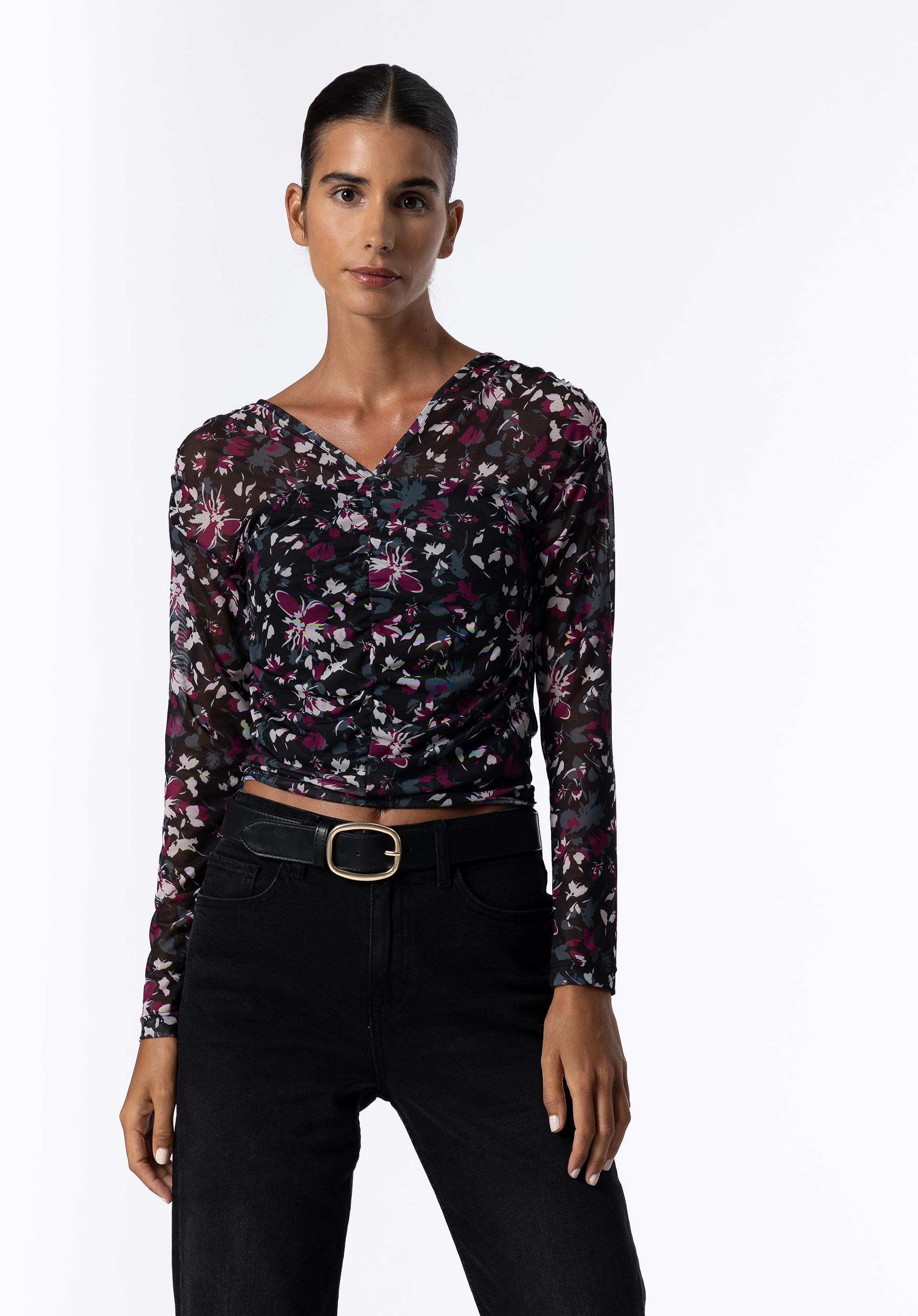 T-shirt Mesh Estampada com Franzidos