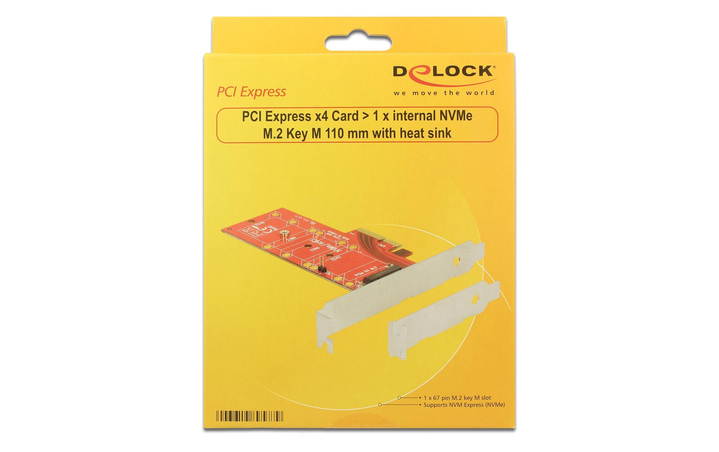 Host Bus Adapter Controller PCIe – M.2, NVMe, bis 110 mmDelock PCI Express x4 Karte > 1 x intern NVMe M.2 Key M 110 mm mit Kühlkörper – Low Profile Formfaktor
