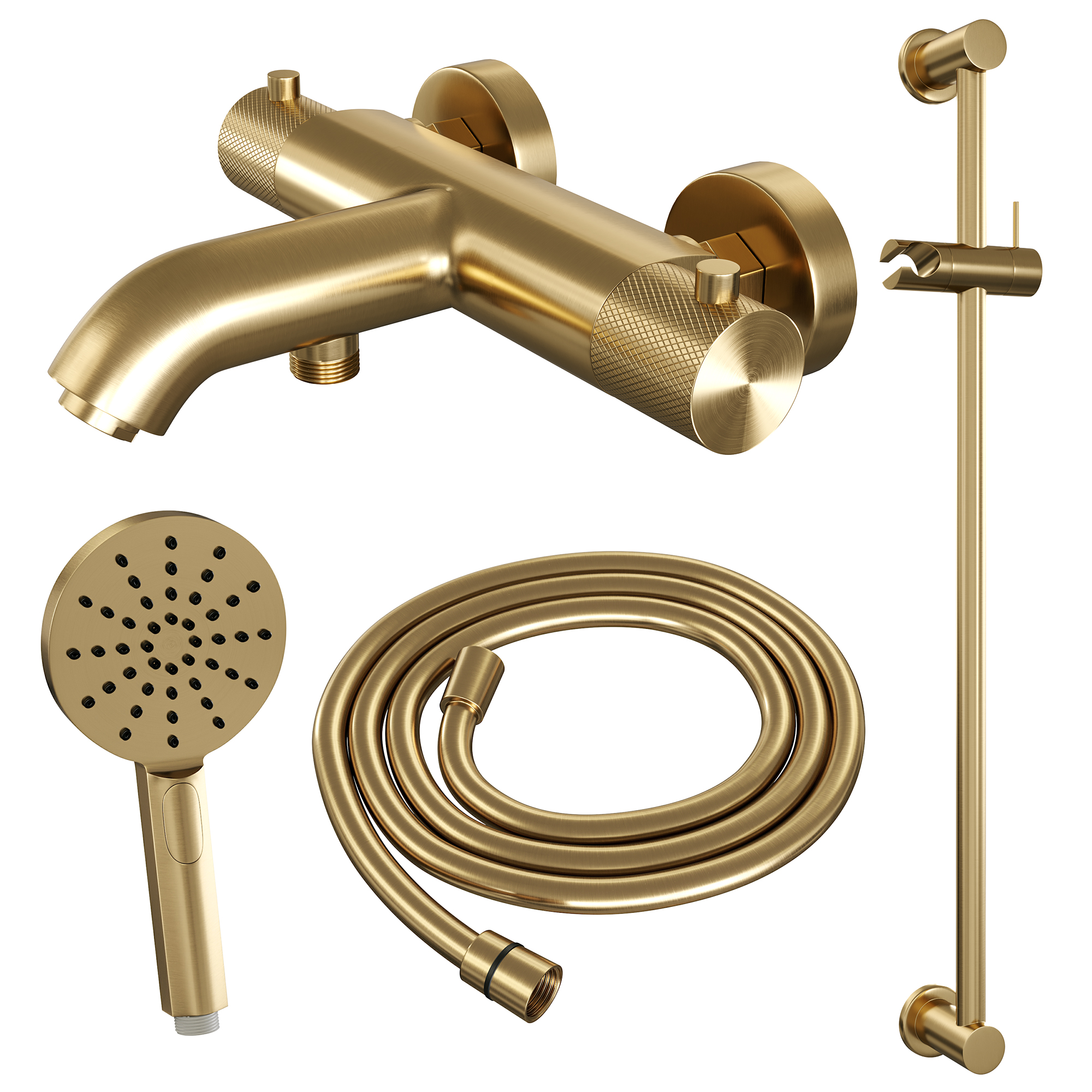Brauer Gold Carving thermostatische badkraan met glijstang en 3 standen handdouche geborsteld messing PVD