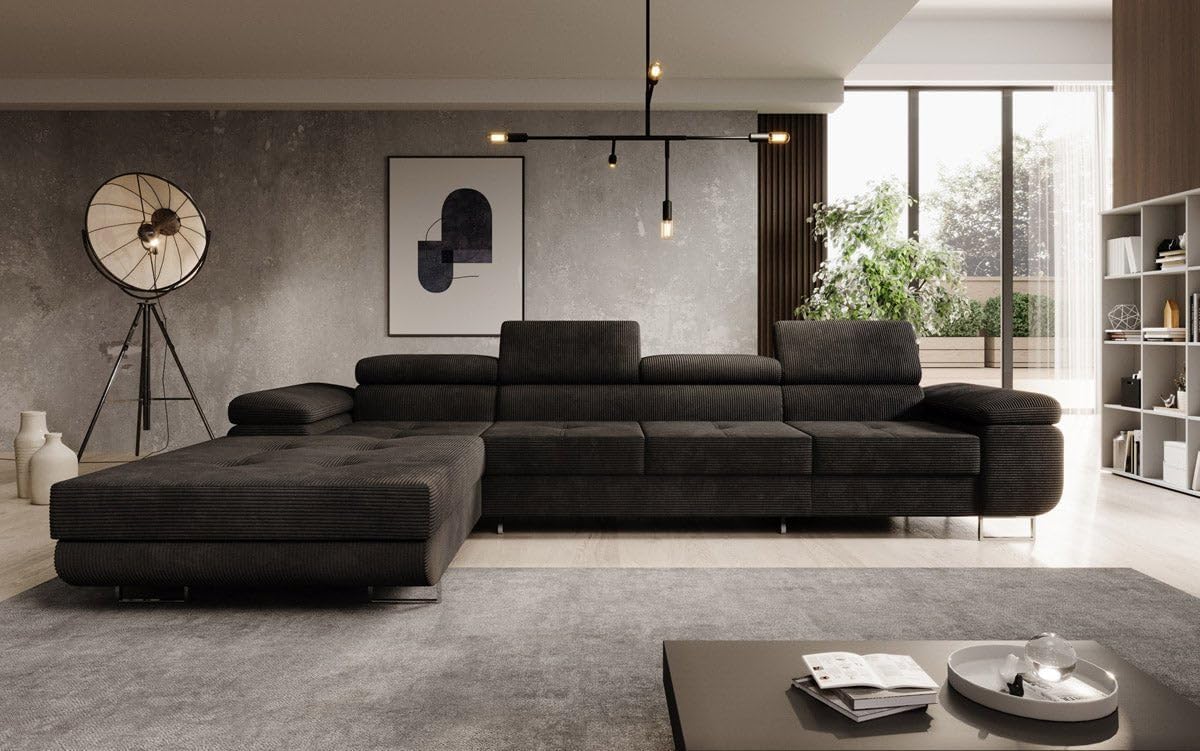 Luxusbetten24 Designer Sofa Designer Sofa Calvera Maxi in Cord mit Schlaf- und Klappfunktion | Bezug: Cord | Farbe: Schwarz | Stellvariante: Links