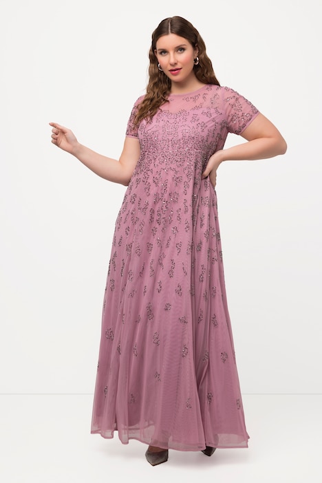 Meshkleid, Perlenstickerei, Rundhals, Halbarm