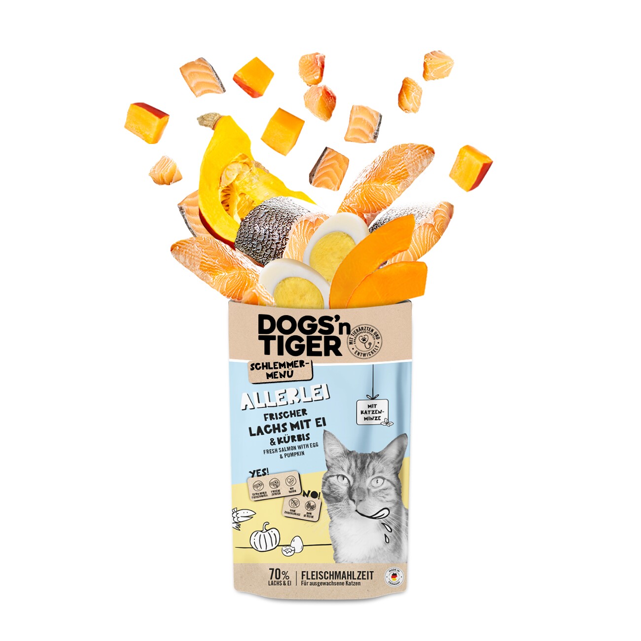 Dogs'n Tiger Adult Nassfutter Katze, Allerlei, Lachs, Ei & Kürbis, 12x 125g