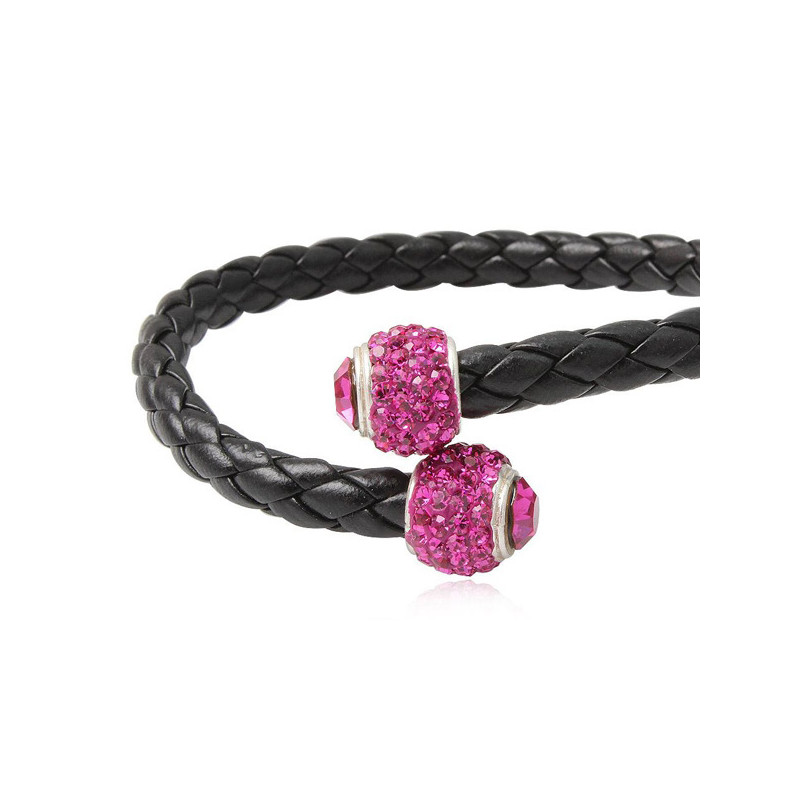 Bracelet Bangle en Cuir Noir, Perle en Cristal Rose et Argent 925