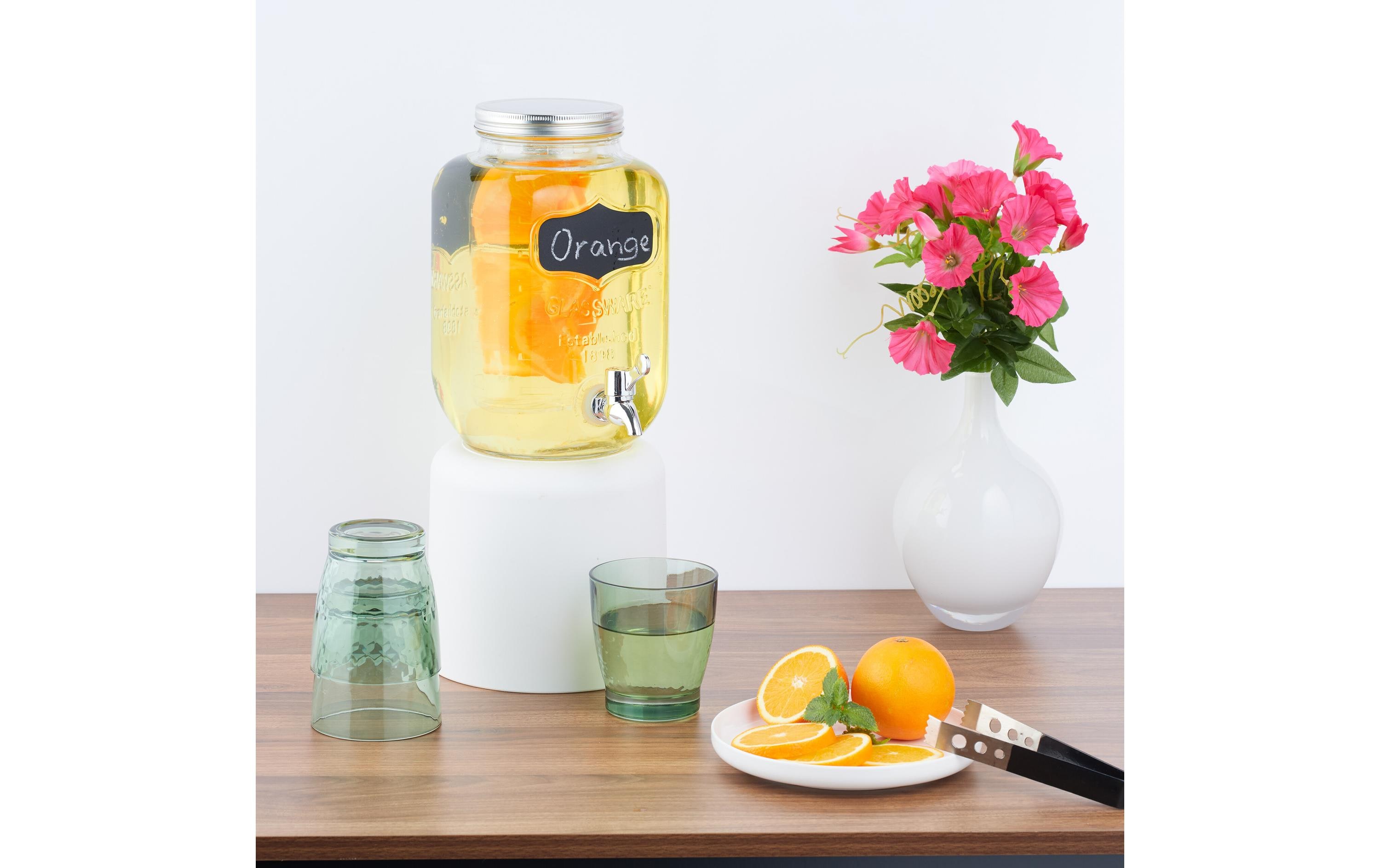Getränkespender mit Fruchteinsatz 4 LiterRetro-Trinkspender aus Glas