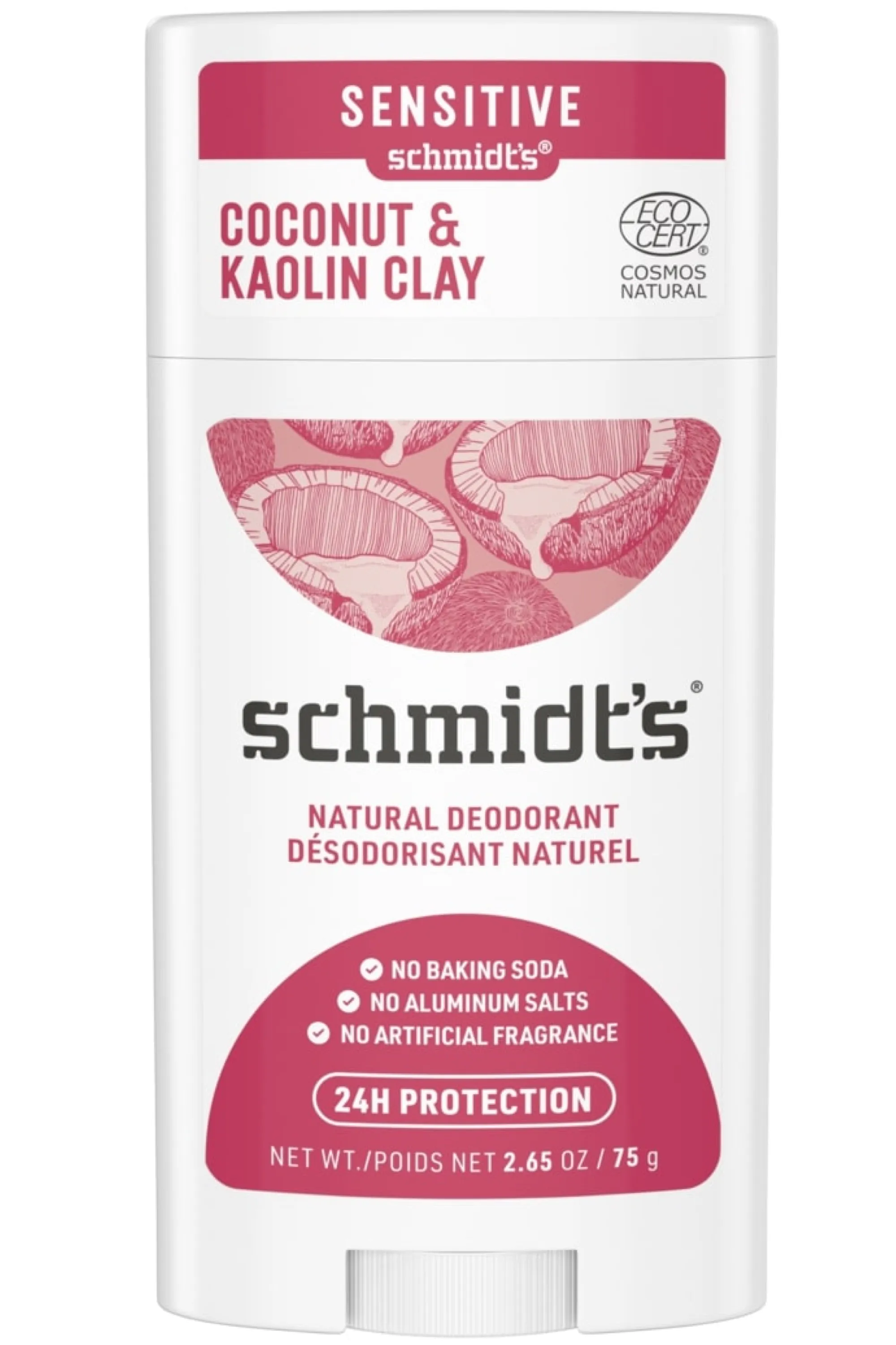 Schmidt’s Déodorant stick peaux sensibles argile et noix de coco-58 ml