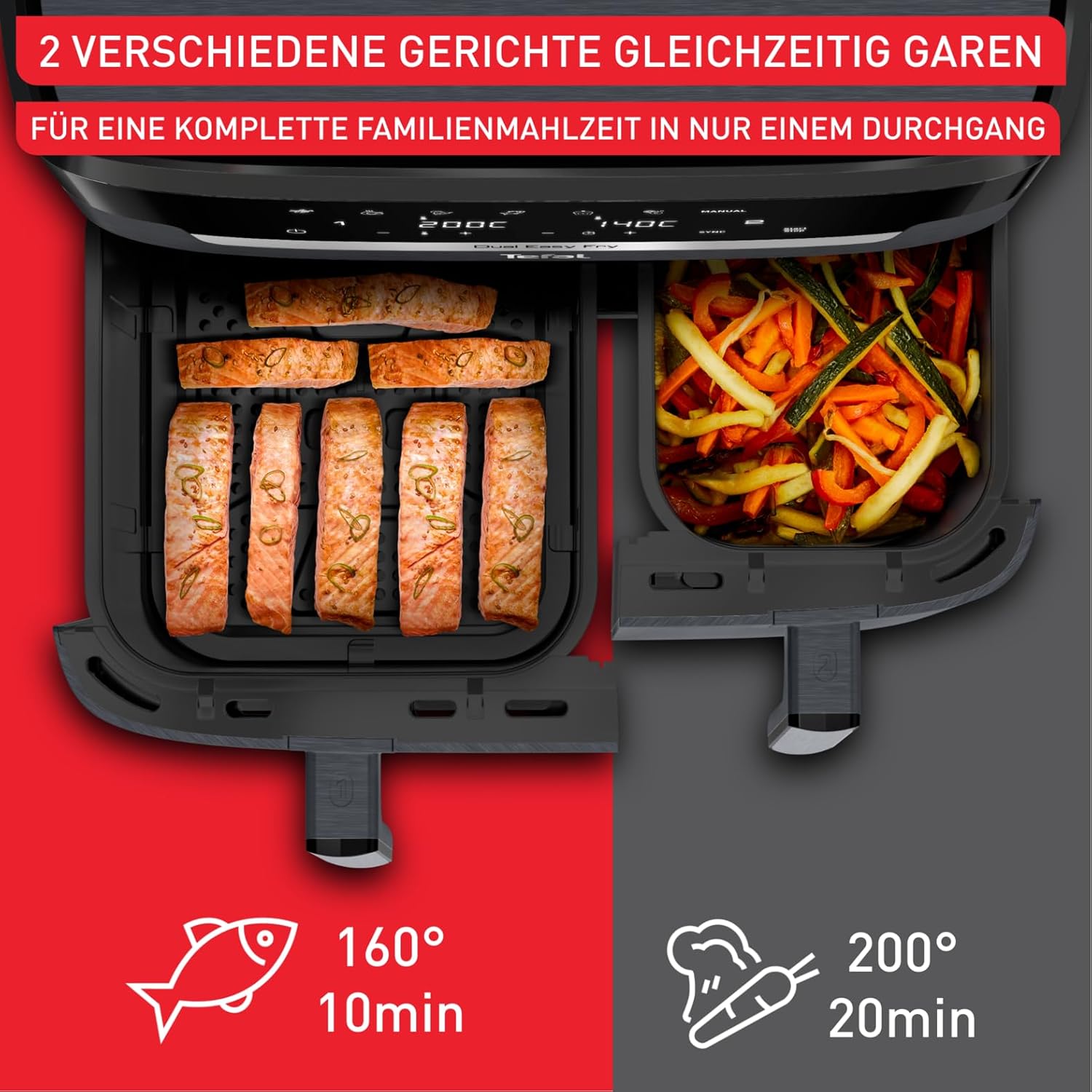 Tefal Dual Easy Fry XXL Heißluftfritteuse 11 L – Airfryer mit 2 Kammern (Doppelkammer), 7 Programme, 2700 W, digitales Display, Extra-Crisp Technologie, fettarm frittieren, energiesparend EY942B