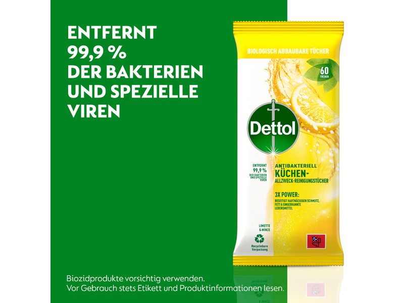 Dettol Küchen Allzweck-Reinigungstücher Limette & Minze 60 Antibakterieller Oberflächenreiniger mit Limette & Minze Duft