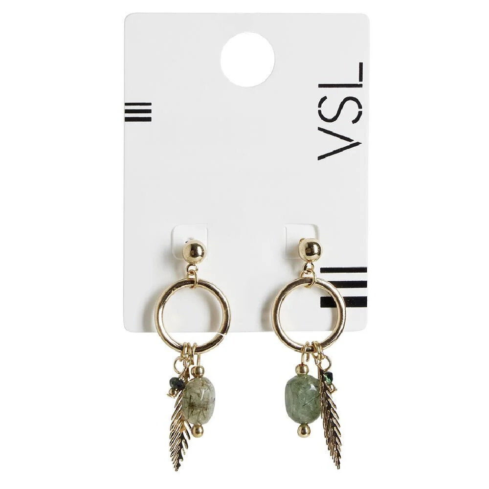 Paire de boucles d'oreilles anneau avec 3 pendentifs vert et doré