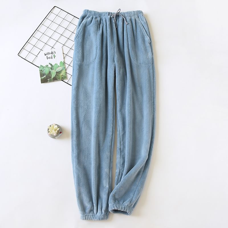 molpes - Hoge taille effen koraal fleece pyjamabroek (verschillende ontwerpen)