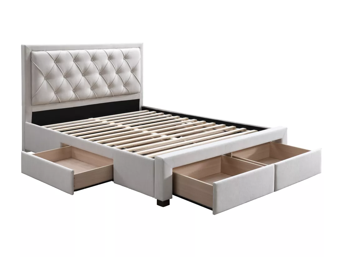 Lit avec tiroirs 140 x 190 cm - Tissu - Beige - LEOPOLD