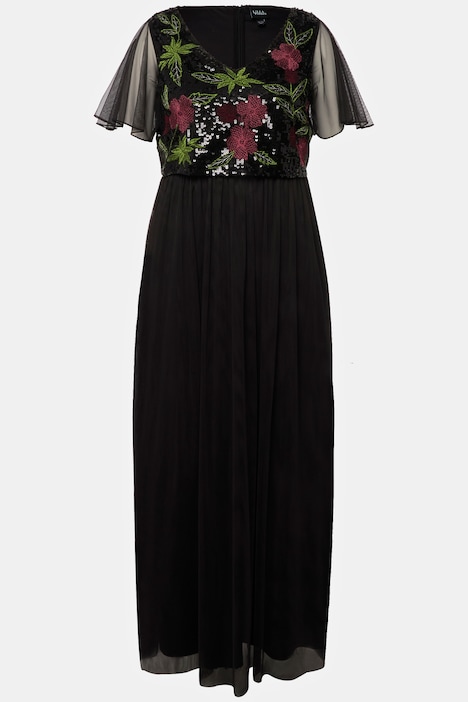 Maxikleid, Pailletten-Blüten, V-Ausschnitt, ärmellos