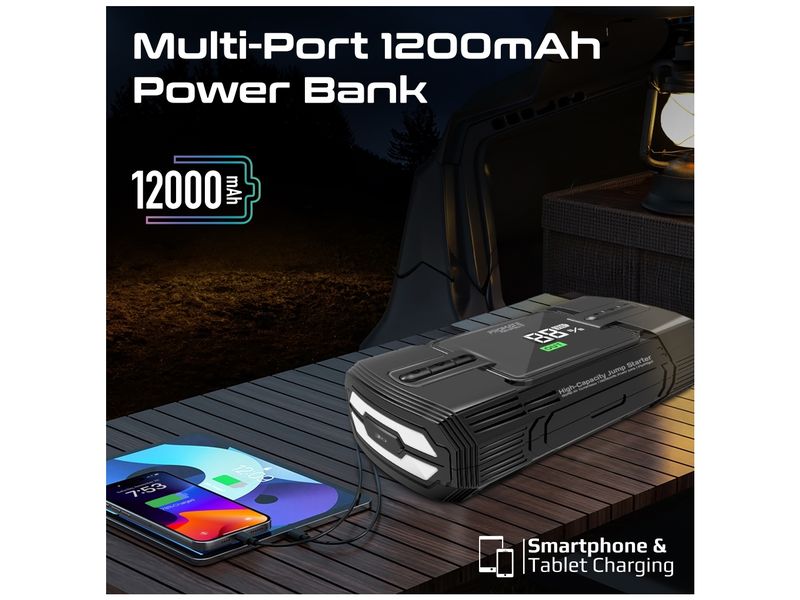 Promate PatrolPack-3 Hochleistungs-Auto-Starter Leistungsstarker Jump Starter, 150PSI Luftkompressor, 12000 mAh Powerbank & Taschenlampe