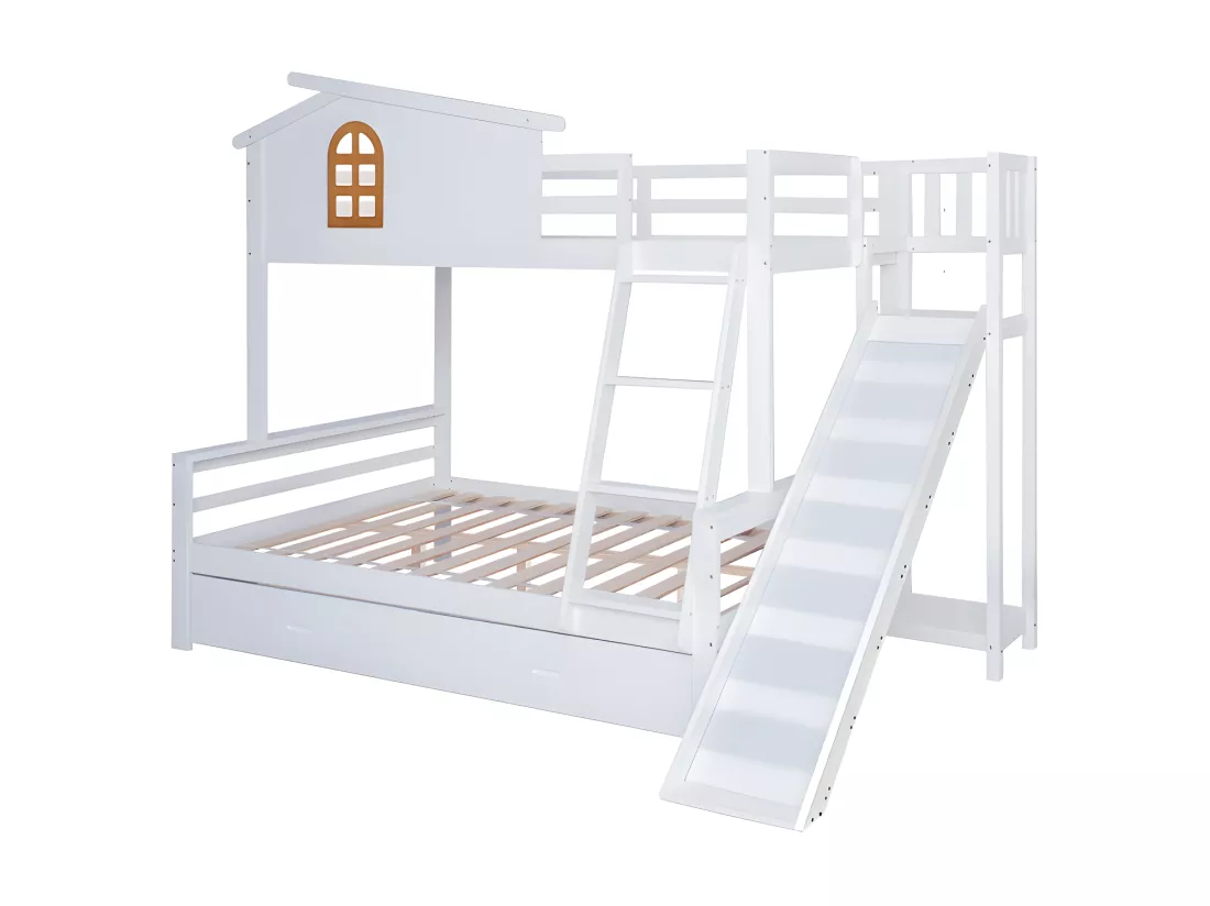 Lit superposé cabane avec toboggan + tiroirs - cadre en pin - 90x200cm + 120x200cm - Blanc