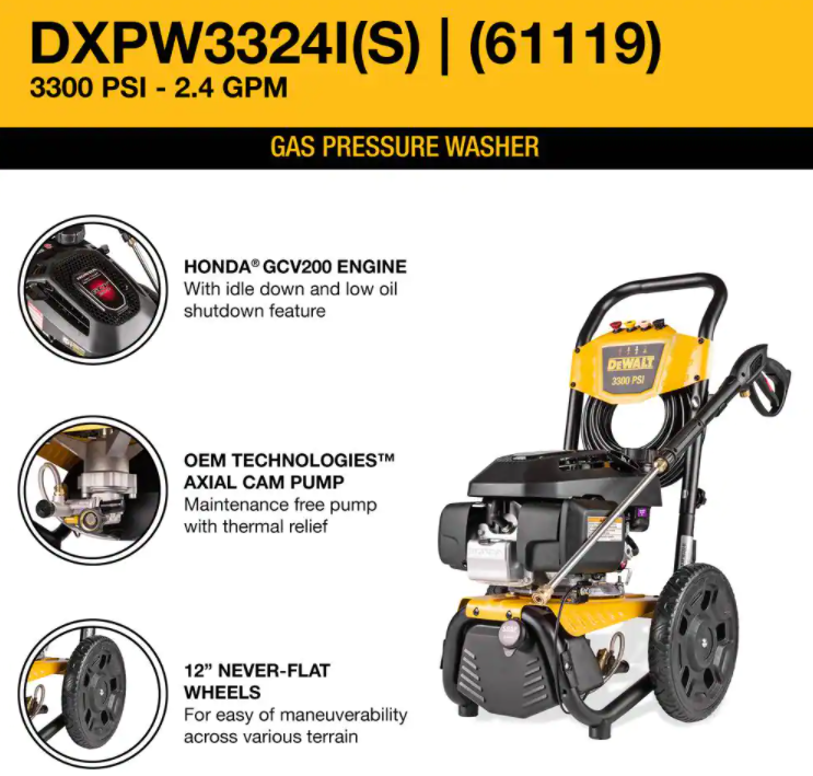Lavadora de alta pressão a gasolina DEWALT de 3300 PSI e 2,4 GPM com água fria e motor HONDA GCV200.