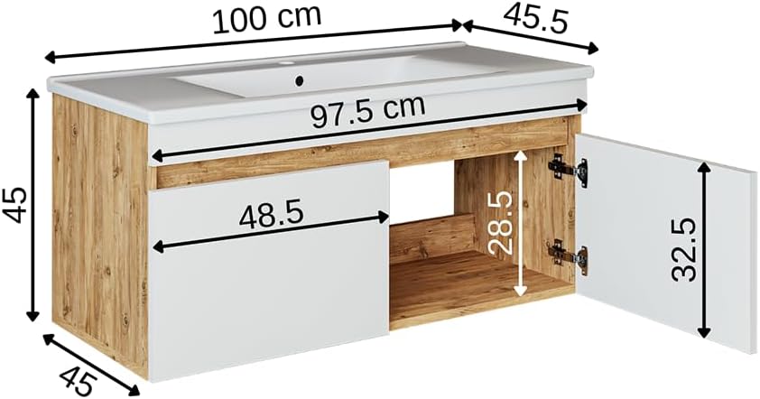 • Badmöbel Set • Atria • 65 cm, 85 cm, 100 cm • Weiß • Waschbecken mit Unterschrank (Weiß Eiche, 100 cm)