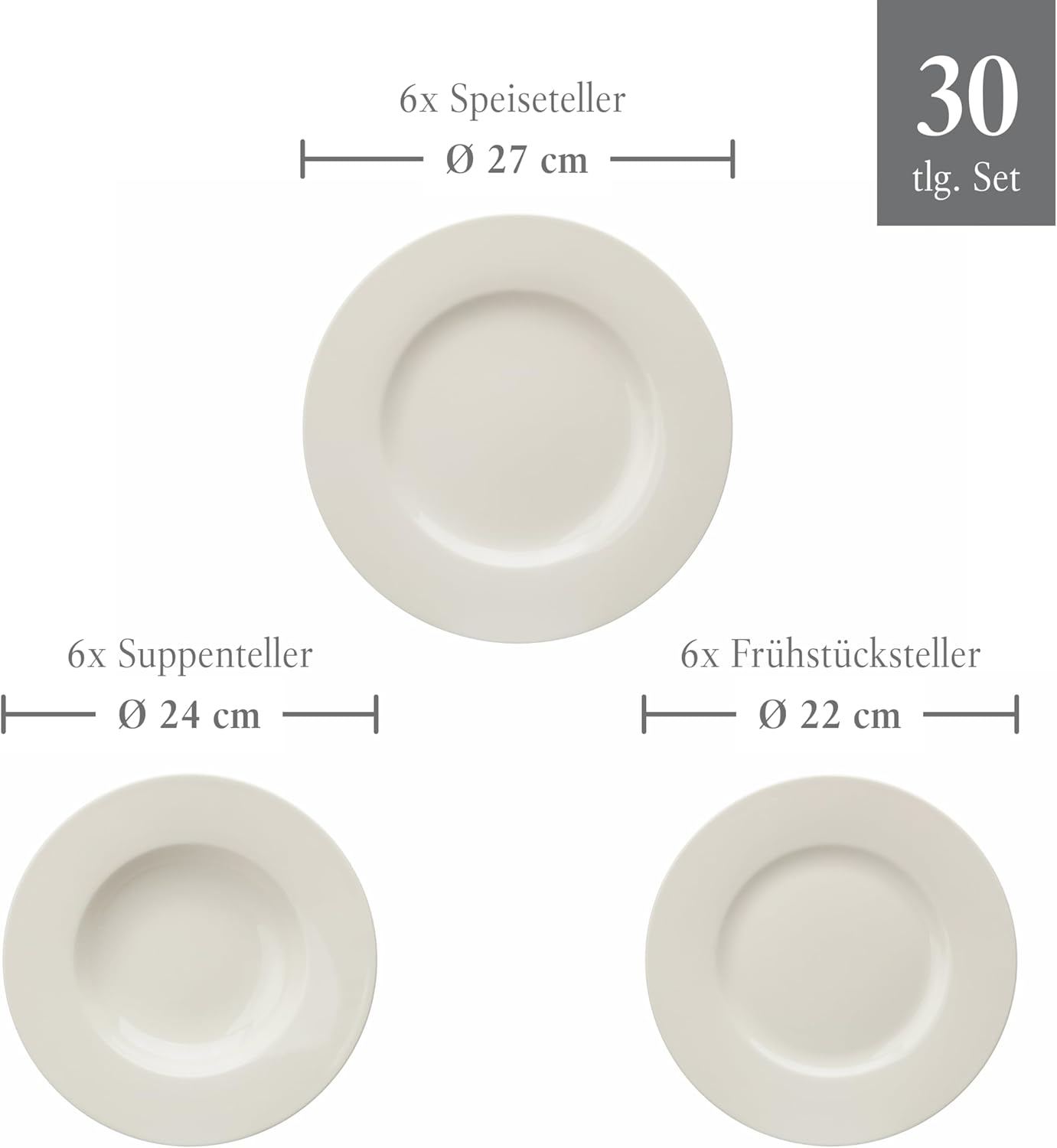 vivo - Villeroy & Boch Group - Basic White Kombiservice 30 Teilig, Spülmaschinenfest, Mikrowellensicher, Tafelservice Weiß, Geschirrset, Kaffeeservice, Keramik, Teller, Tassen, Premium Porzellan