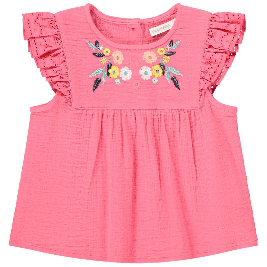 Top manches courtes en gaze de coton avec broderie pour fille - Fuchsia
