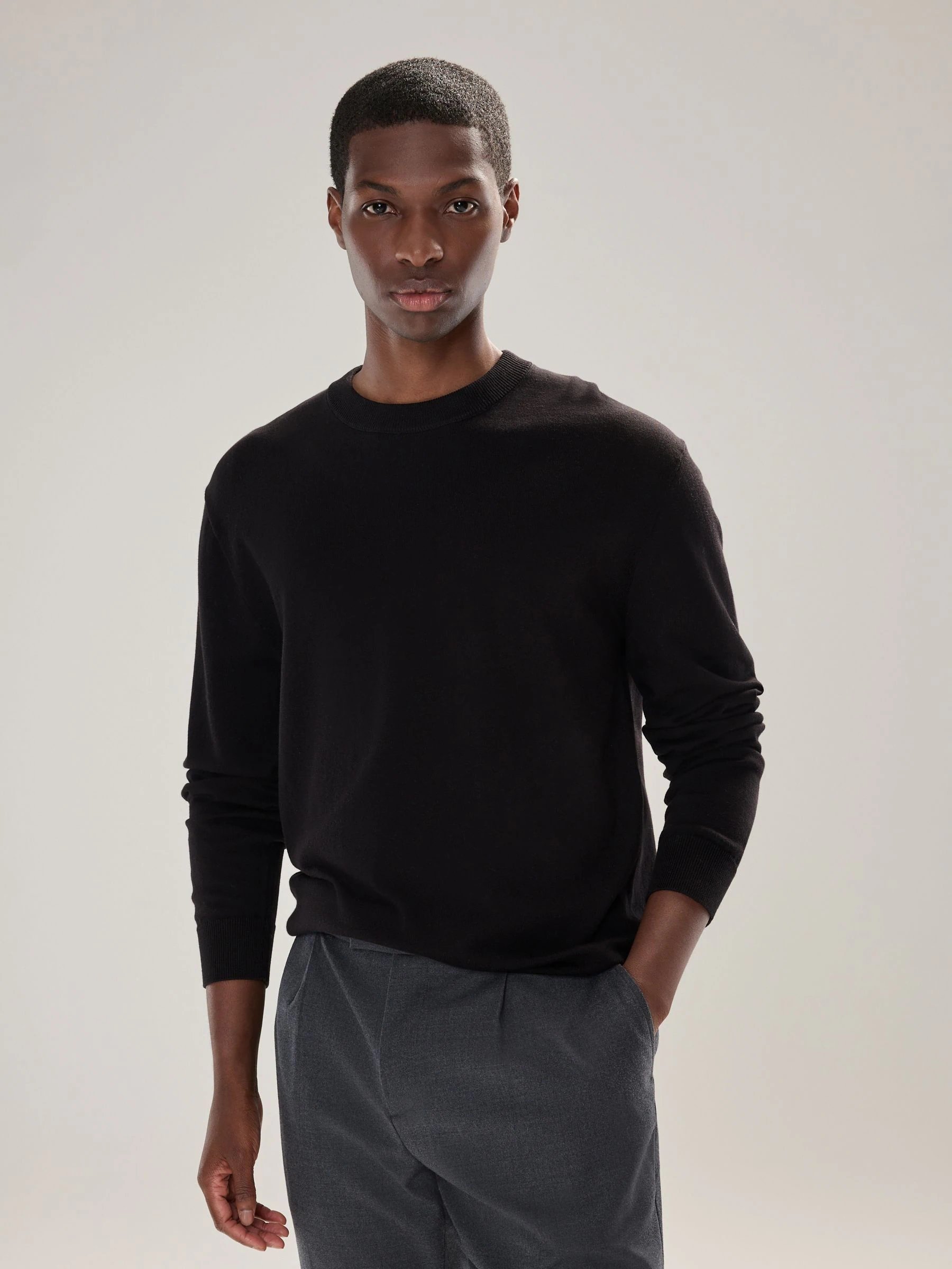 Zwart - Effen - Regular Fit Cotton Rich Crew Neck Jumper