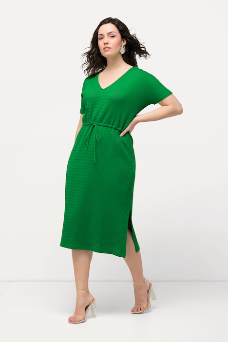 Midikleid, Strukturjersey, V-Ausschnitt, Halbarm