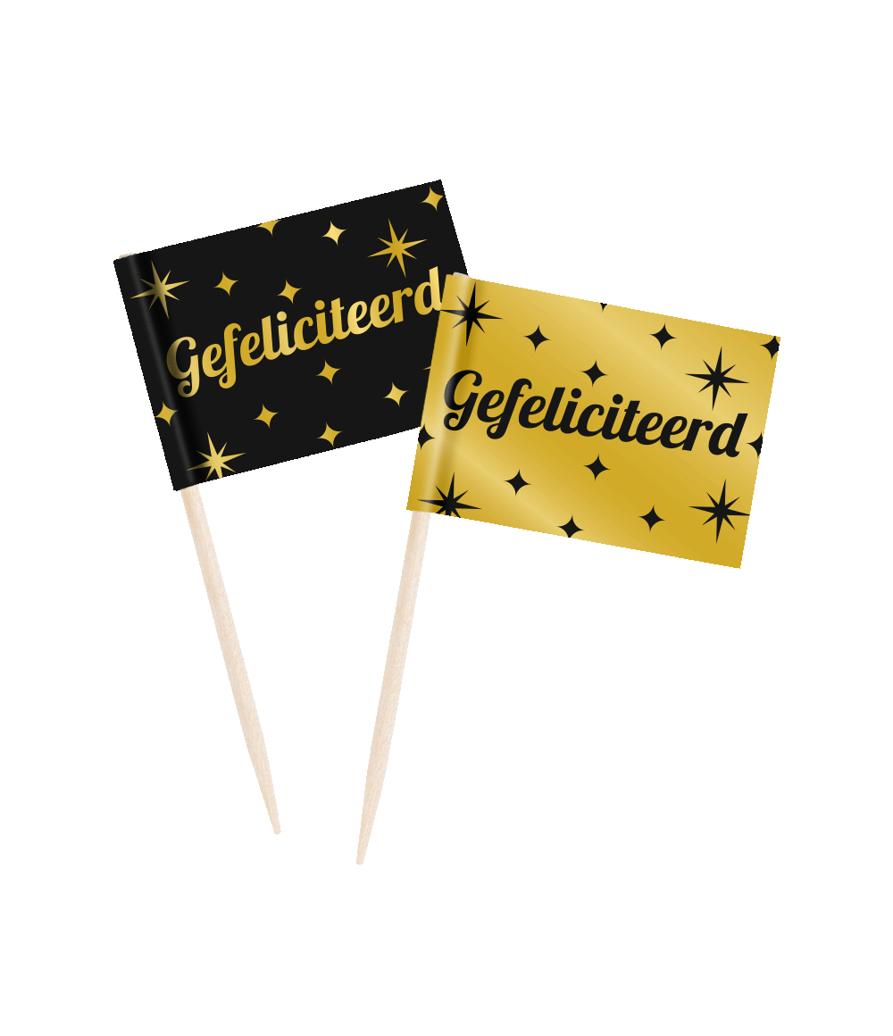 Gefeliciteerd Cocktailprikkers Zwart Goud 6,5cm 50st