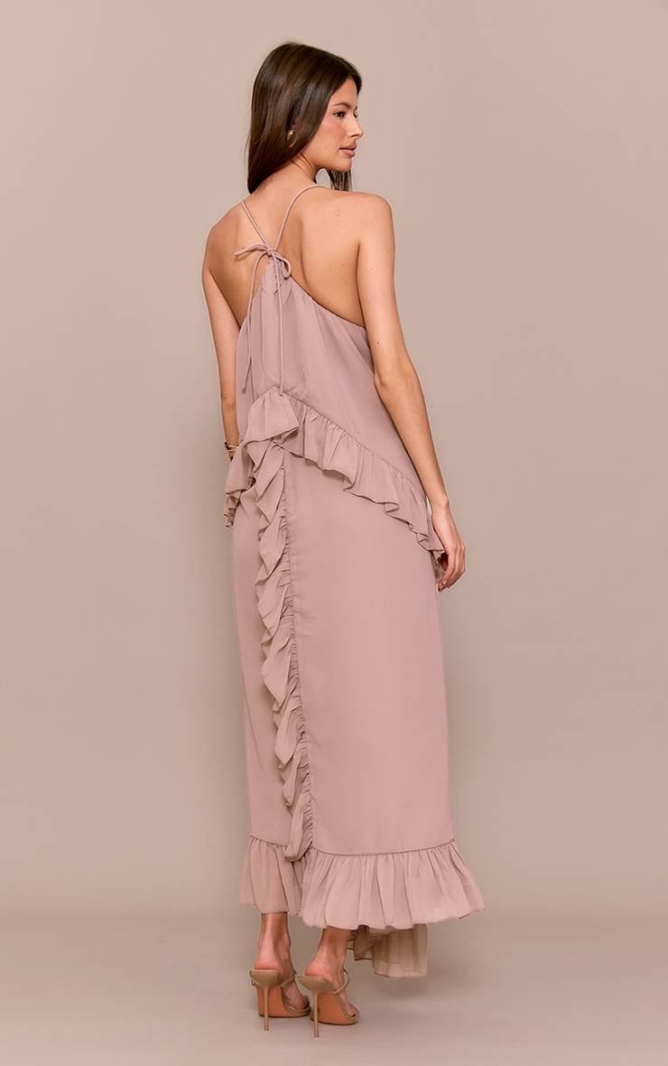 Taupe Robe Longue Caraco En Mousseline À Volants