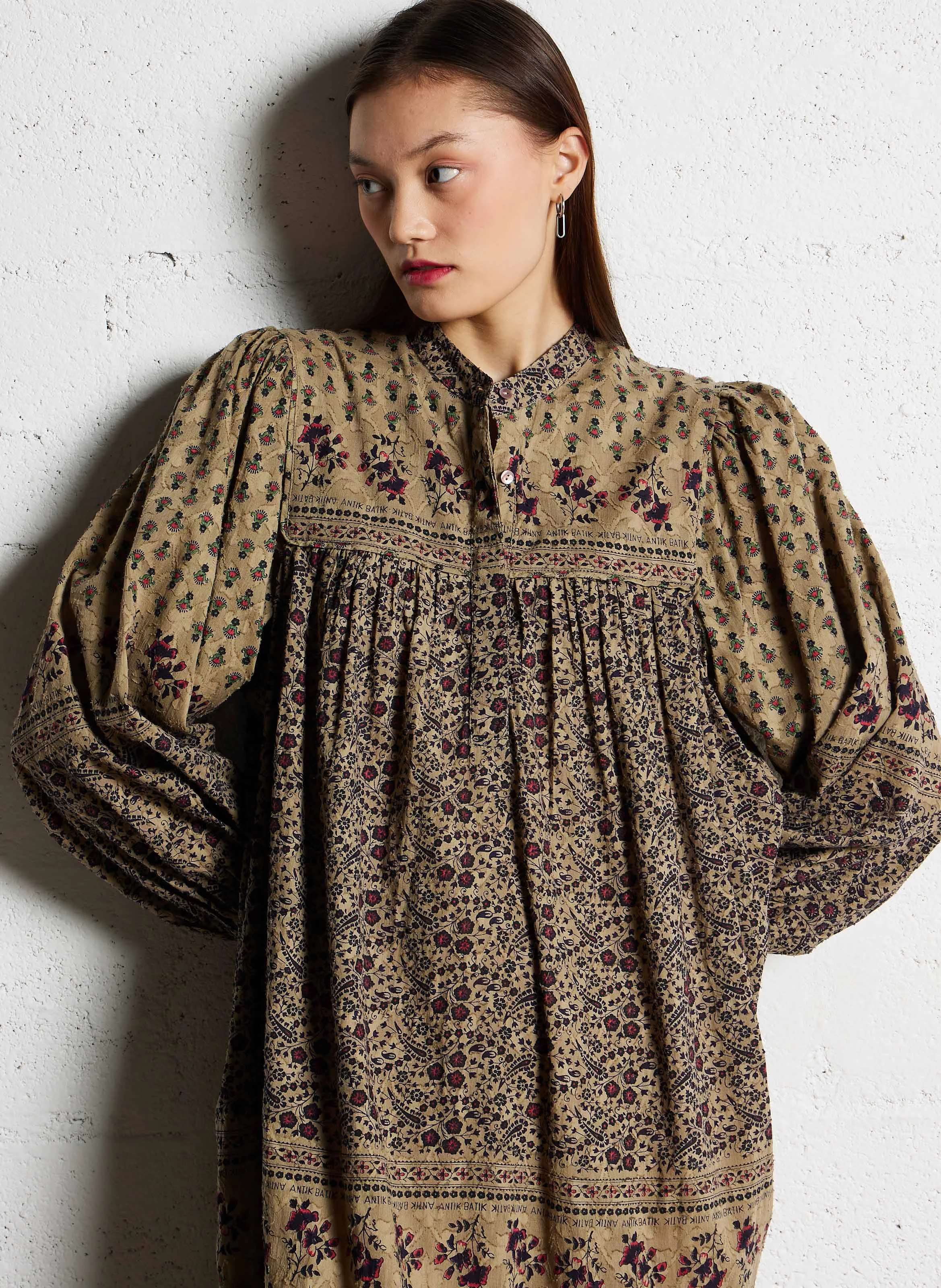 IRINA - Robe longue col rond droite en coton imprimé | Vert