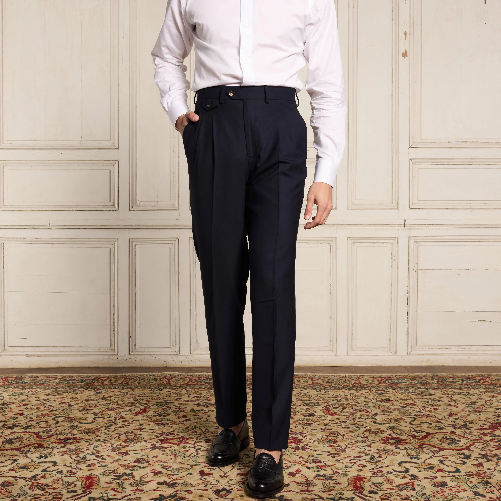 Navy Fresco wool double-pleated pants