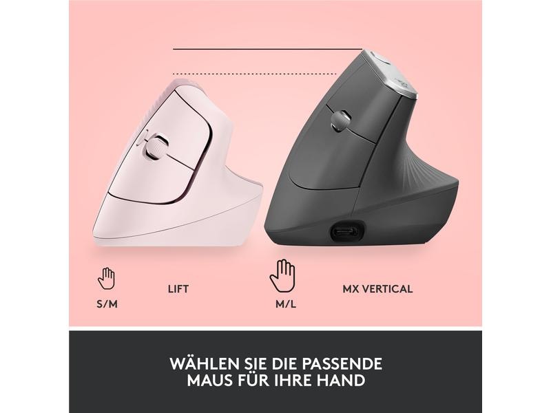 Logitech Ergonomische Maus Lift Rose Komfortable ergonomische Maus mit vertikalem Design für kleine bis mittelgrosse Hände