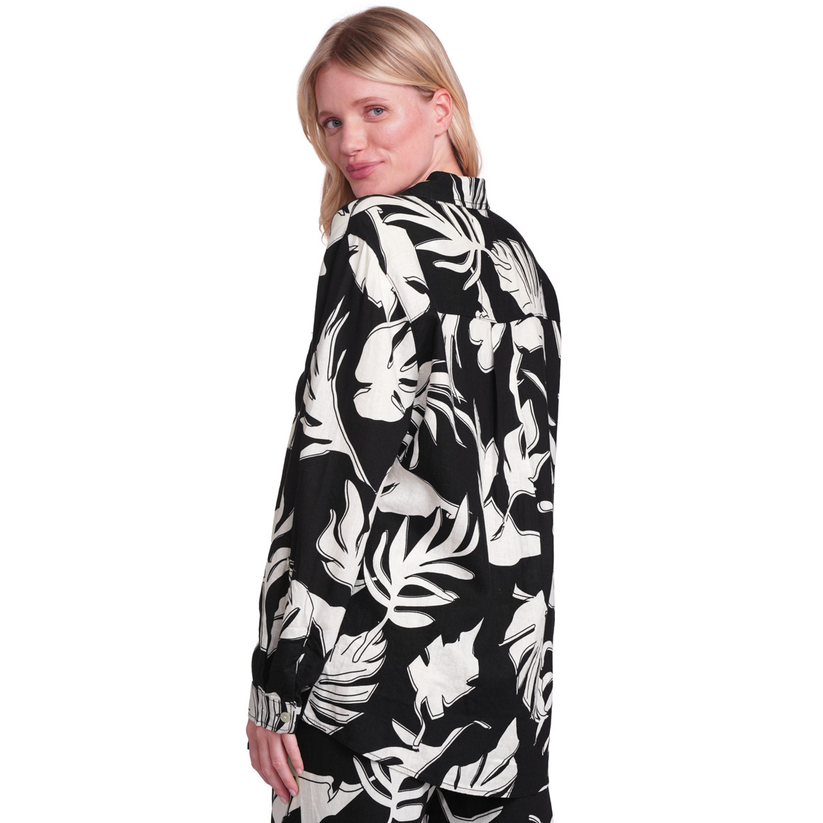 Gina Benotti Damen Leinen-Bluse mit Hemdkragen schwarz / weiss