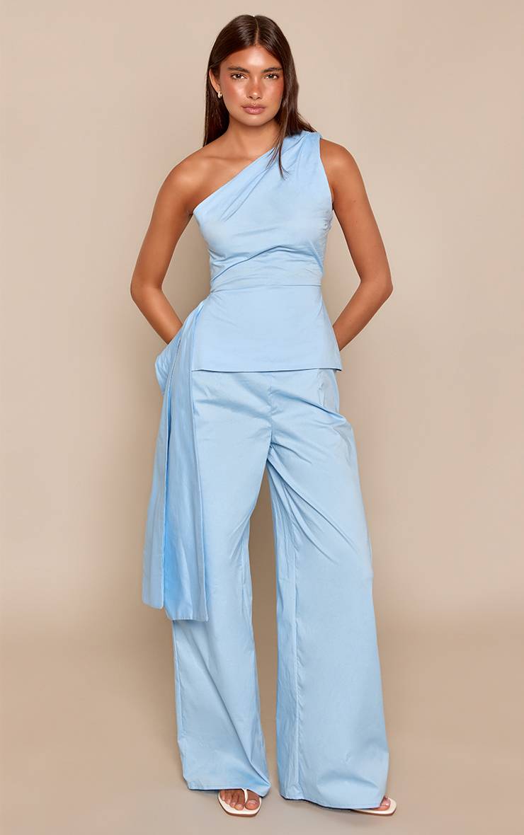 Bleu Layette Pantalon Large À Plis En Popeline - Ensemble Coordonné