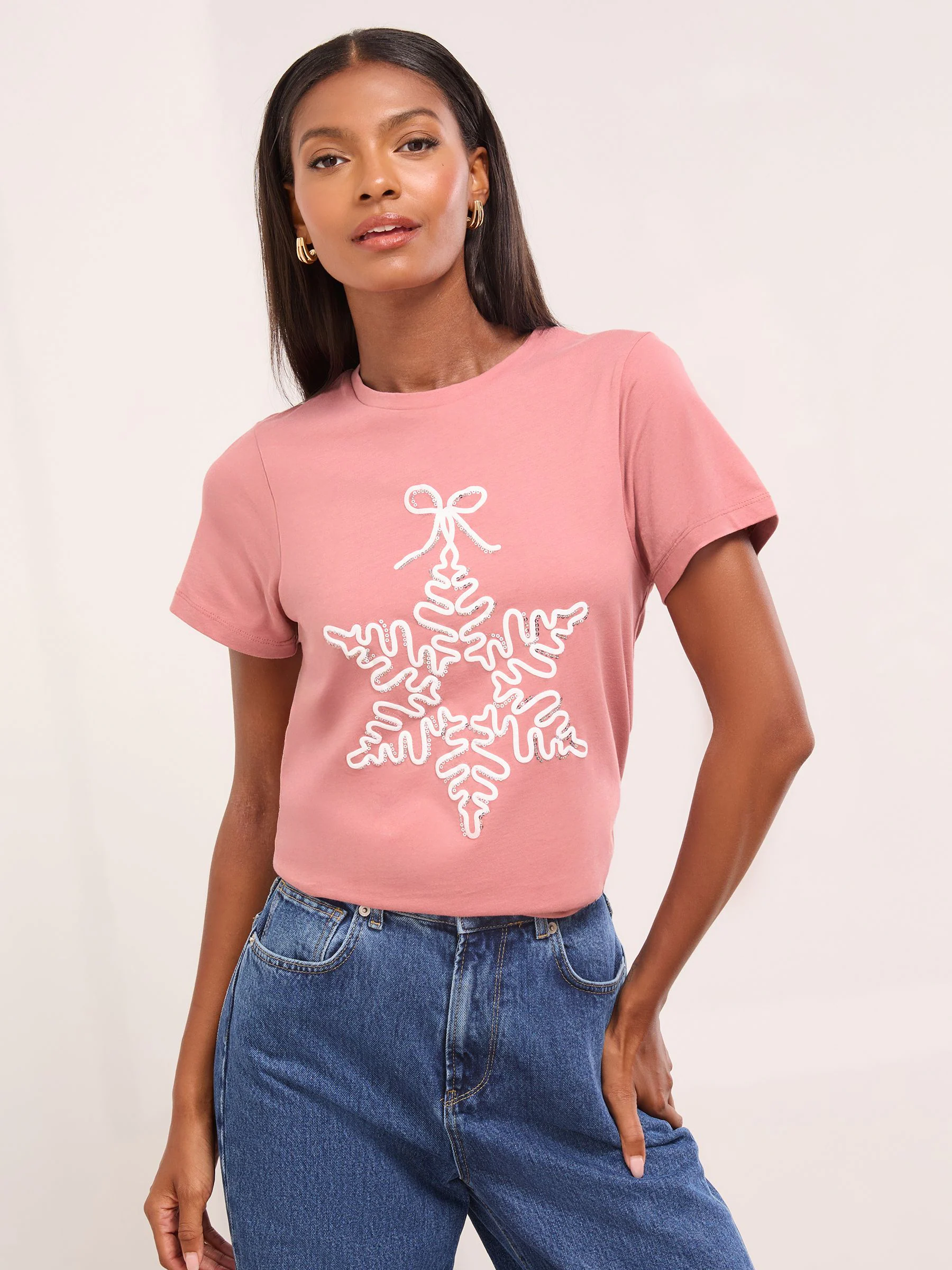 Roze met sneeuwvlokprint - Lipsy T-shirt met ronde hals
