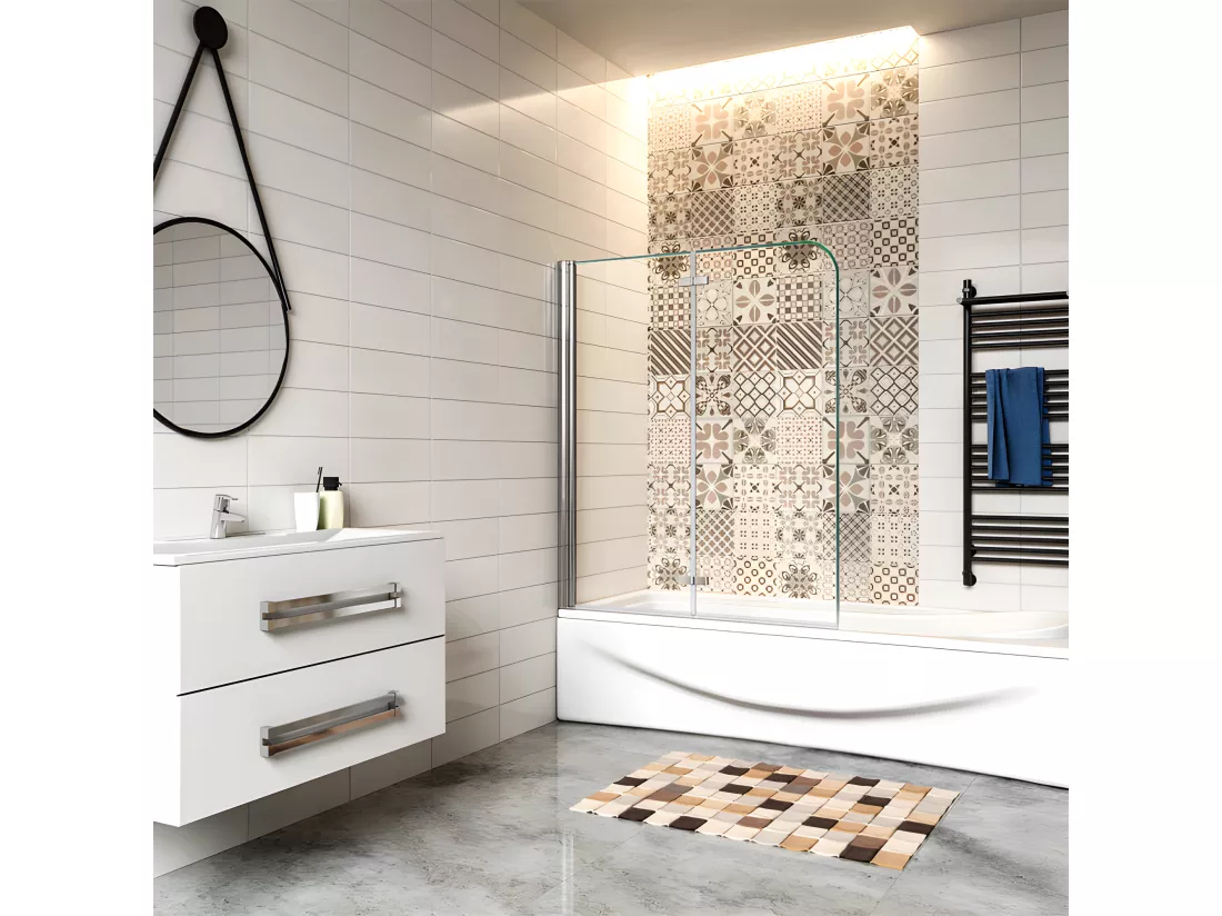 Pare-baignoire 90x140cm pivotant et pliant, paroi de baignoire, écran de douche à 2 volets en verre trempé transparent