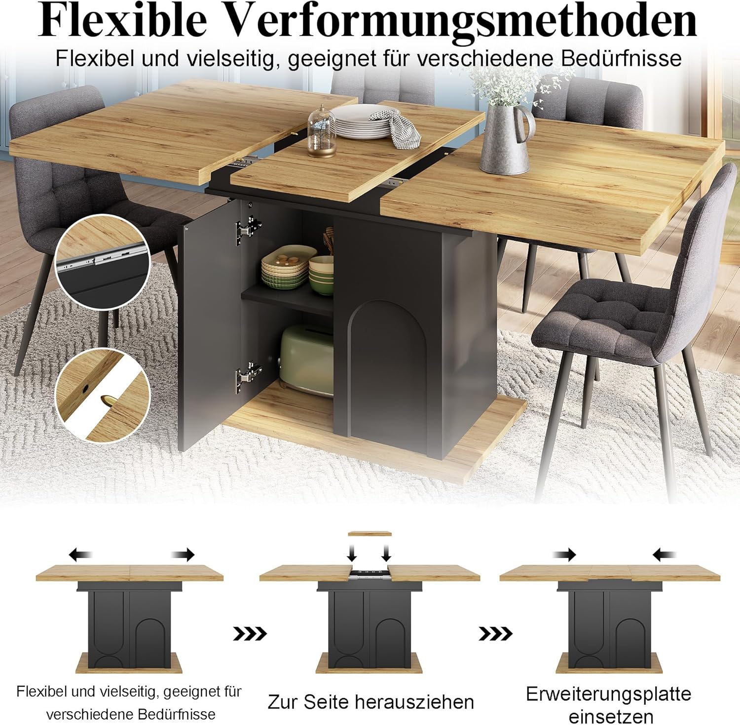 Esstisch Ausziehbar Küchentisch mit Regale und 2 Türen für 4-6 Personen, Esszimmertische mit Stauraum, Esszimmertisch Ausziehbar Esszimmermöbel Küchenmöbel, Holzfarbe+Schwarz, 110-140x80x76 cm TC6280200