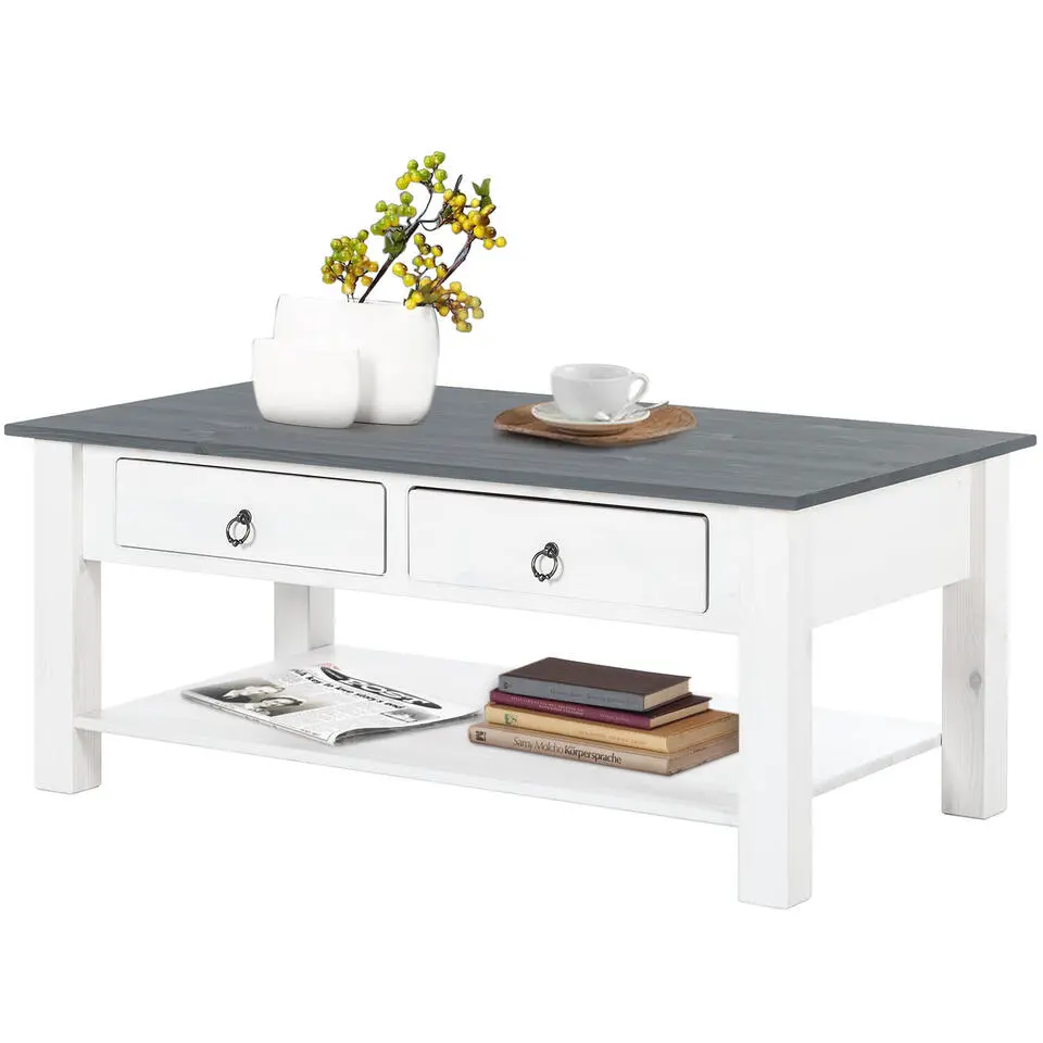 Ines - Salontafel met 2 laden wit en grijze grenen