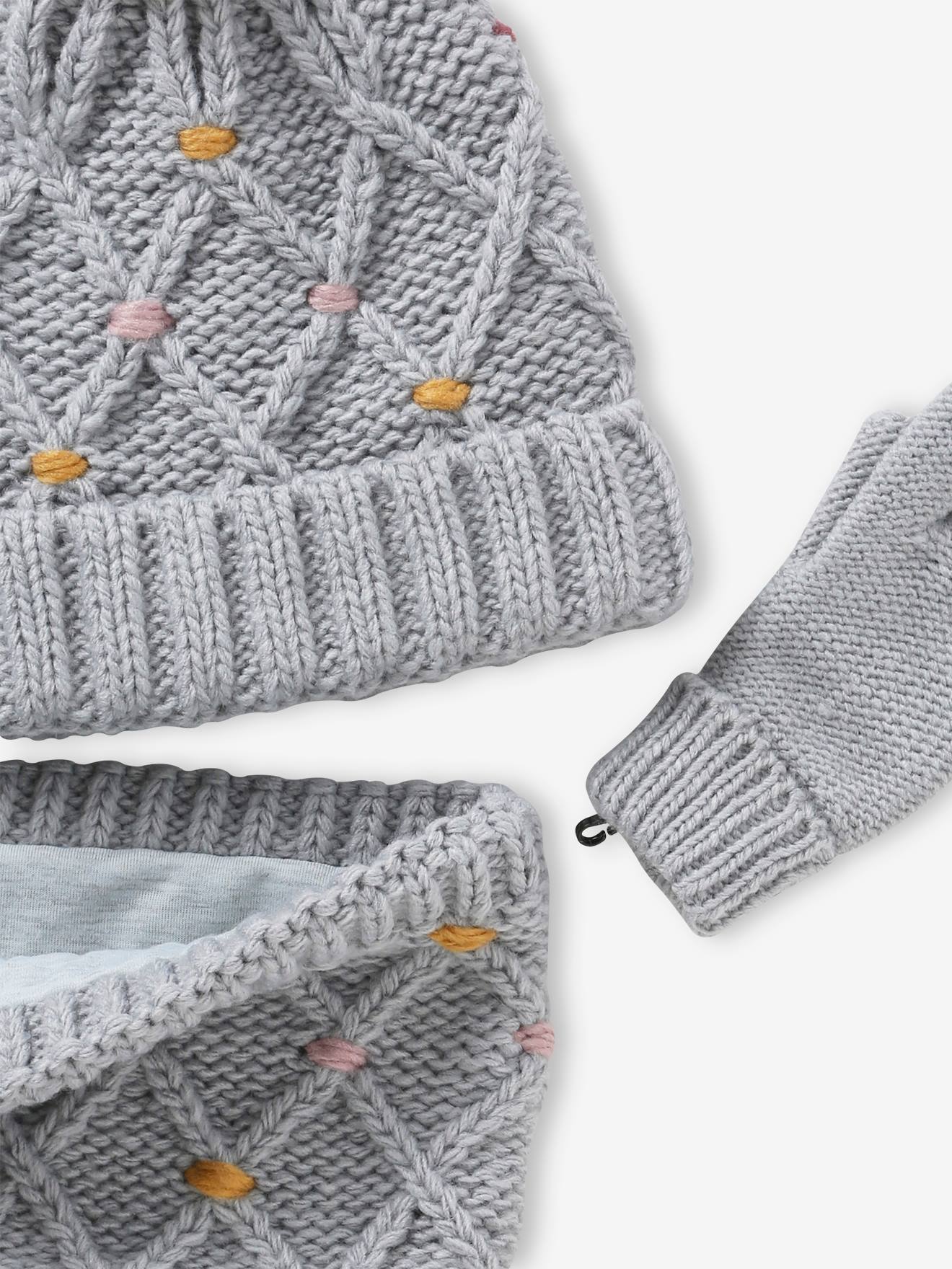 Look feminino: chapéu + cachecol tubular + luvas ou mitenes com pompons cinza mesclado