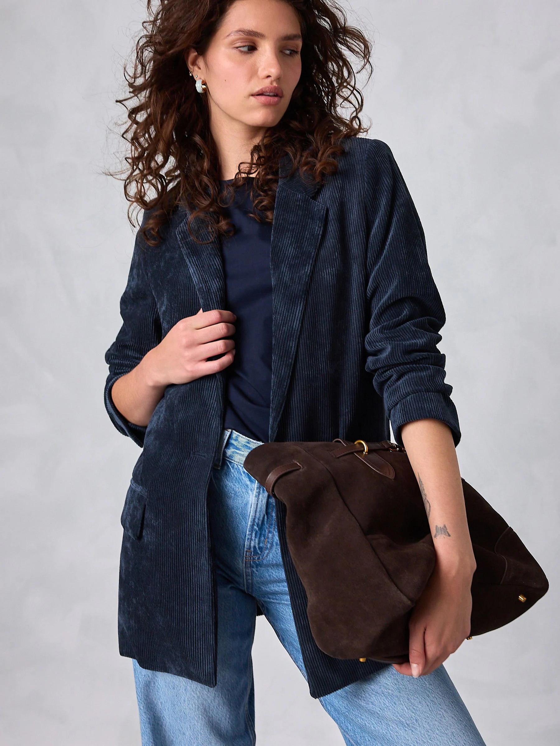 Donkerblauw - Corduroy blazer met enkele rij knopen