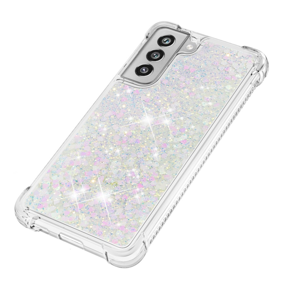 Samsung Galaxy S21 FE 5G Hardcase Hülle mit Air Cushion Fallschutz Liquid Case Glitzer Herzen - Silber/ Rosa / Transparent