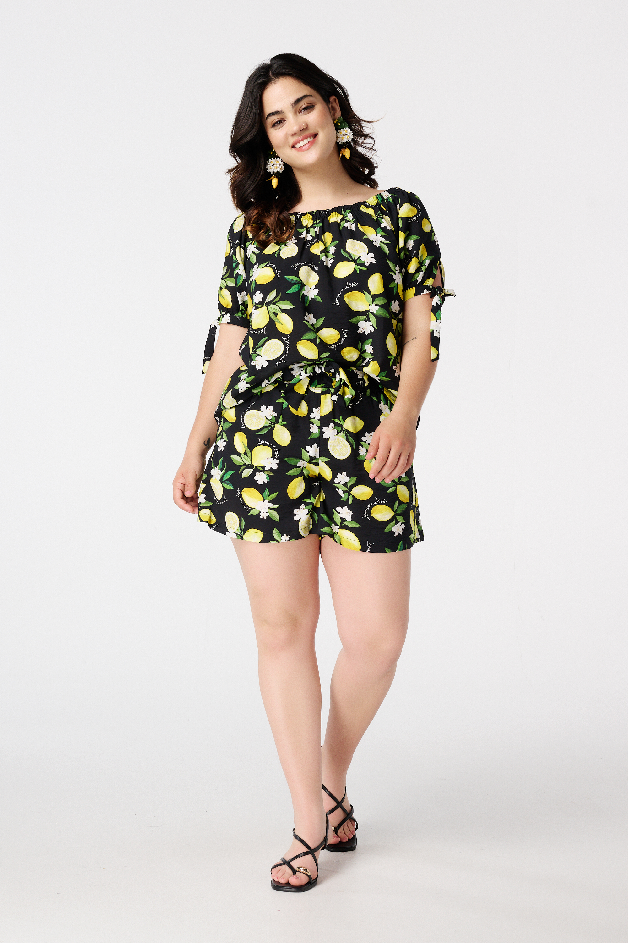 Shorts met citroenprint en ceintuur Multi zwart-wit