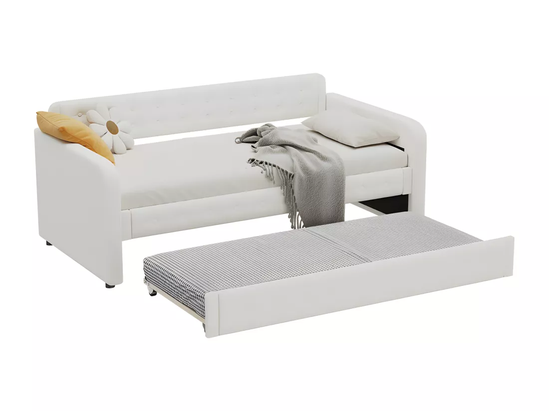 Lit gigogne 90x190/200cm en tissu de lin - avec sommier à lattes - Beige clair
