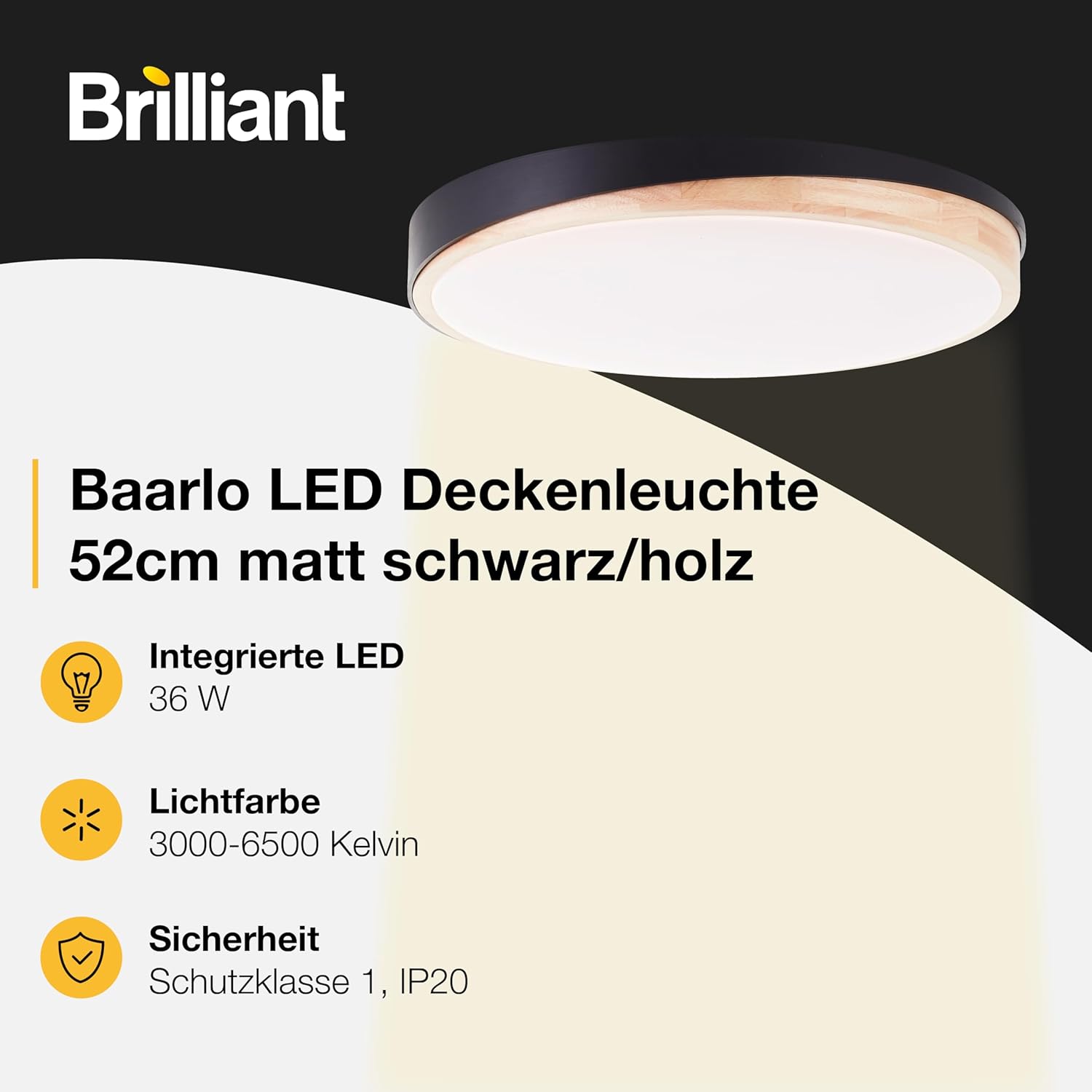 Brilliant Baarlo LED-Deckenleuchte, Farbtemperatur einstellbar (3.000 K–6.500 K), Fernbedienung, stufenlos dimmbar, LED-Lampe für Wohnzimmer & Schlafzimmer, 4.500 Lumen, 36 W, 52 cm, matt schwarz/holz