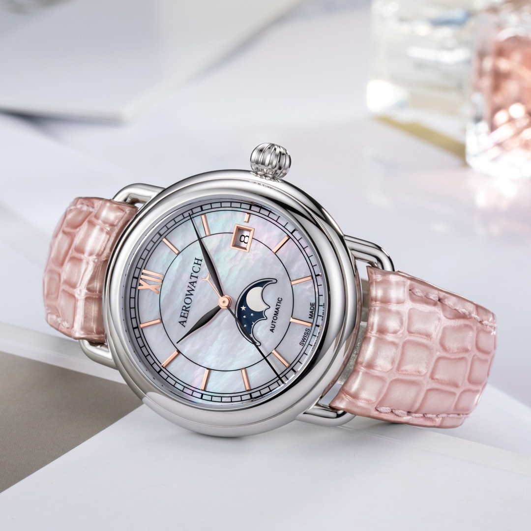 Aerowatch 1942 Automatic Moon Phase Leder rosa