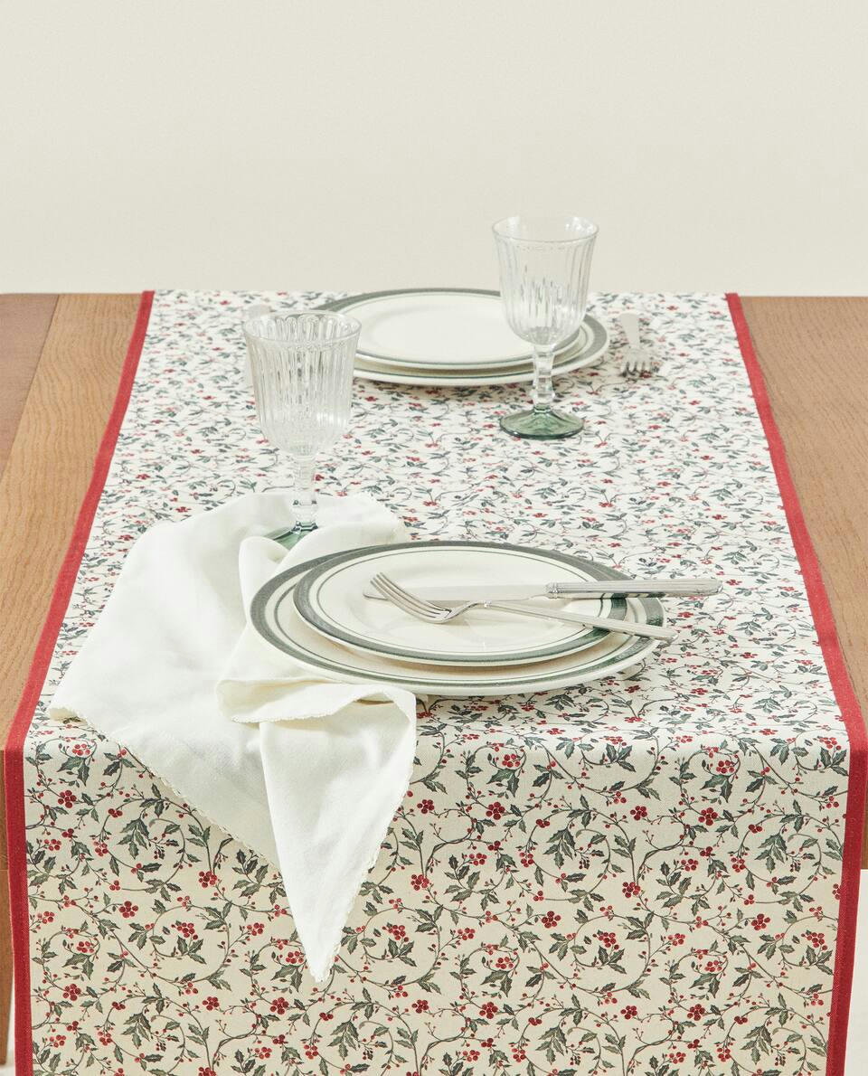 Caminho de mesa de algodão com estampa de videira natalina