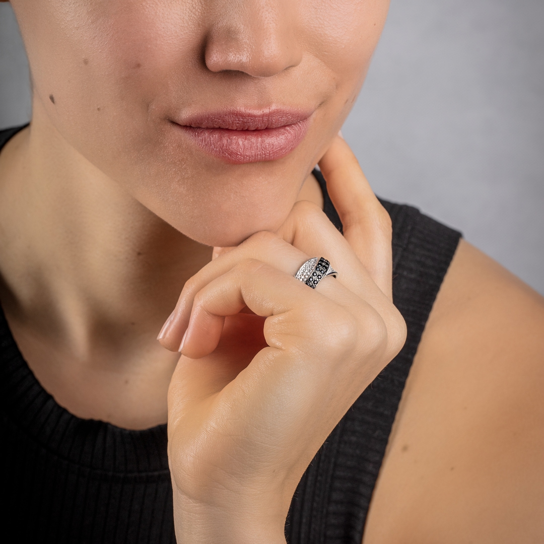 Damenring 925 Silber rhodiniert mit Zirkonia schwarz / weiss