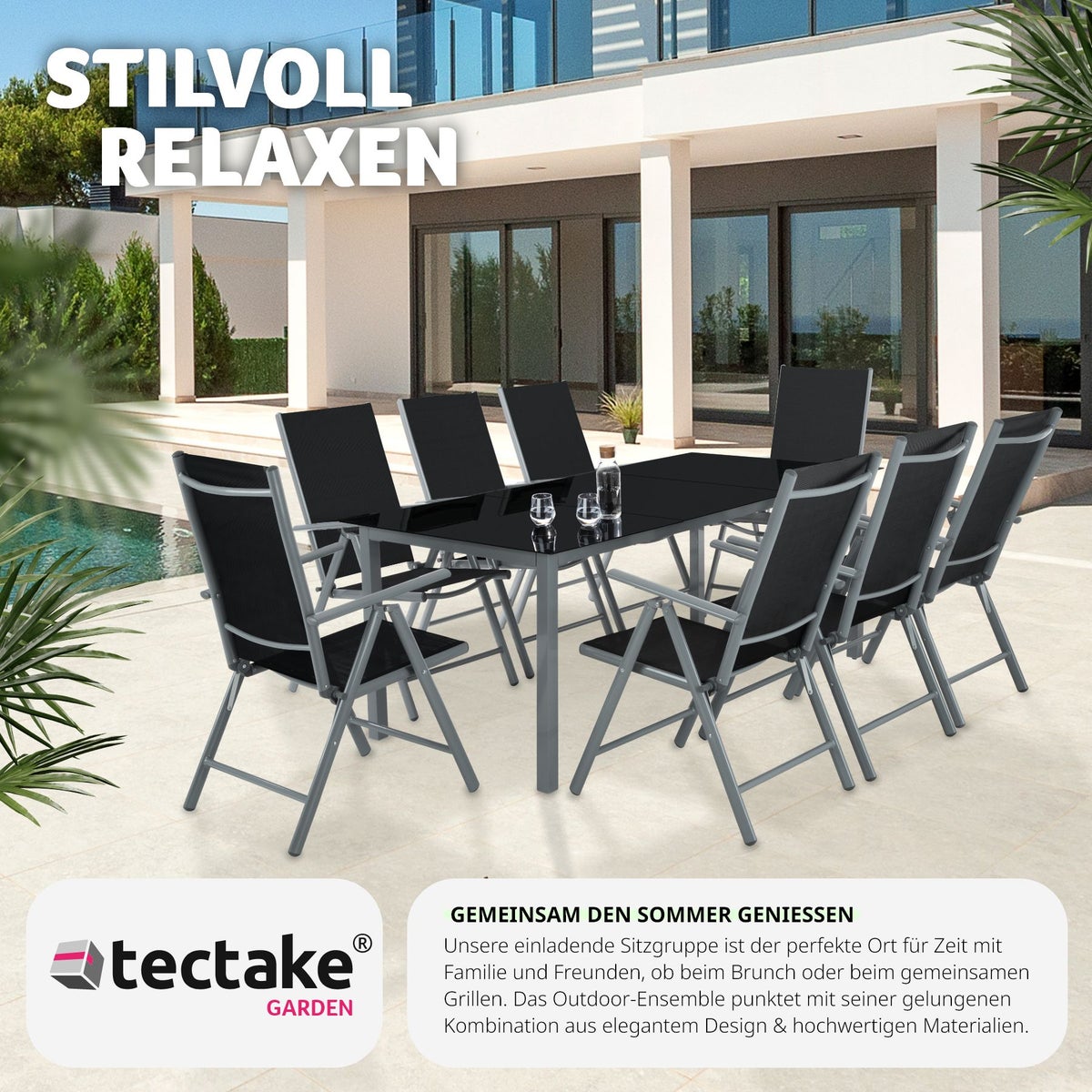 tectake Pompeii zitgroep met aluminium frame, voor 8 personen, tafel met veiligheidsglasplaat en stelschroeven