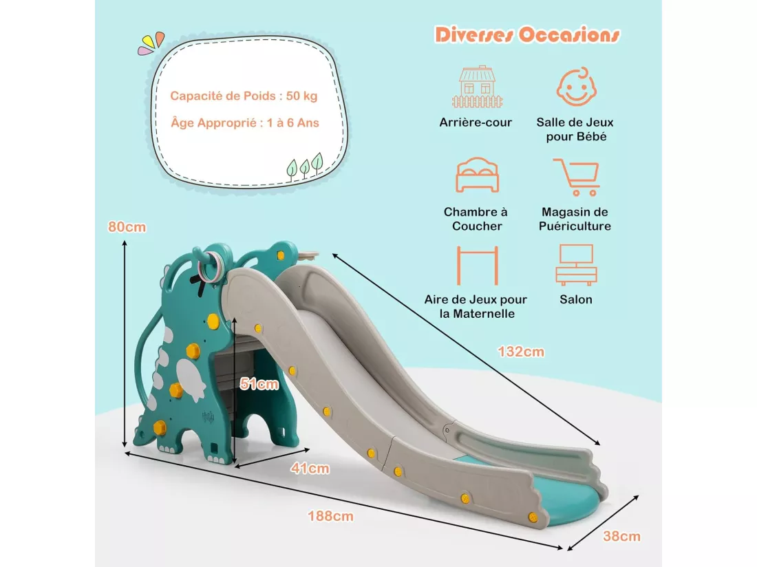 4 en 1 Toboggan Enfants en Forme Dinosaure avec Panier de Basketball, Toboggan Extérieur Intérieur en HDPE avec Jeu de Lancer d'Anneaux, Charge 50kg pour 1-6 Ans, 188x65x80 cm