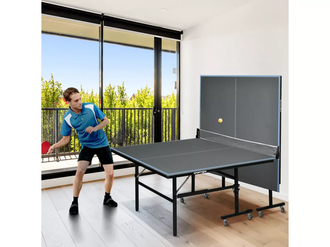 Table de ping pong tennis de table pliable 8 roues - filet, 2 raquettes, 3 balles inclus - noir gris