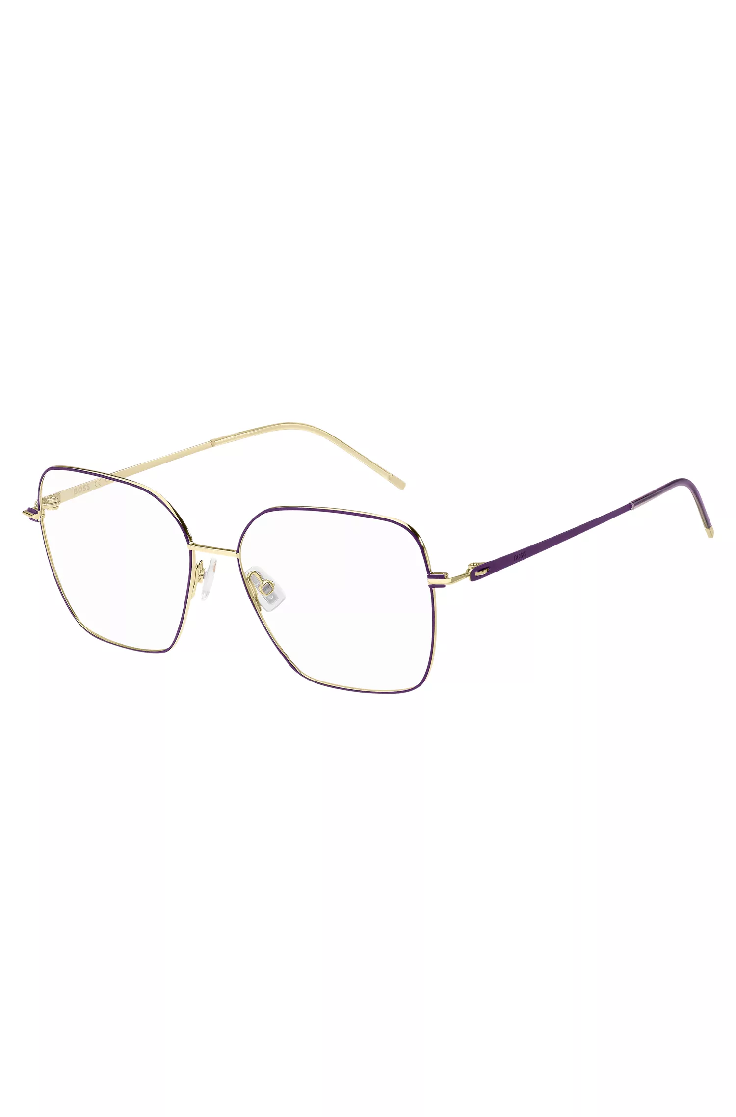 Armação BOSS Black-Optical em aço dourado com detalhes em roxo.