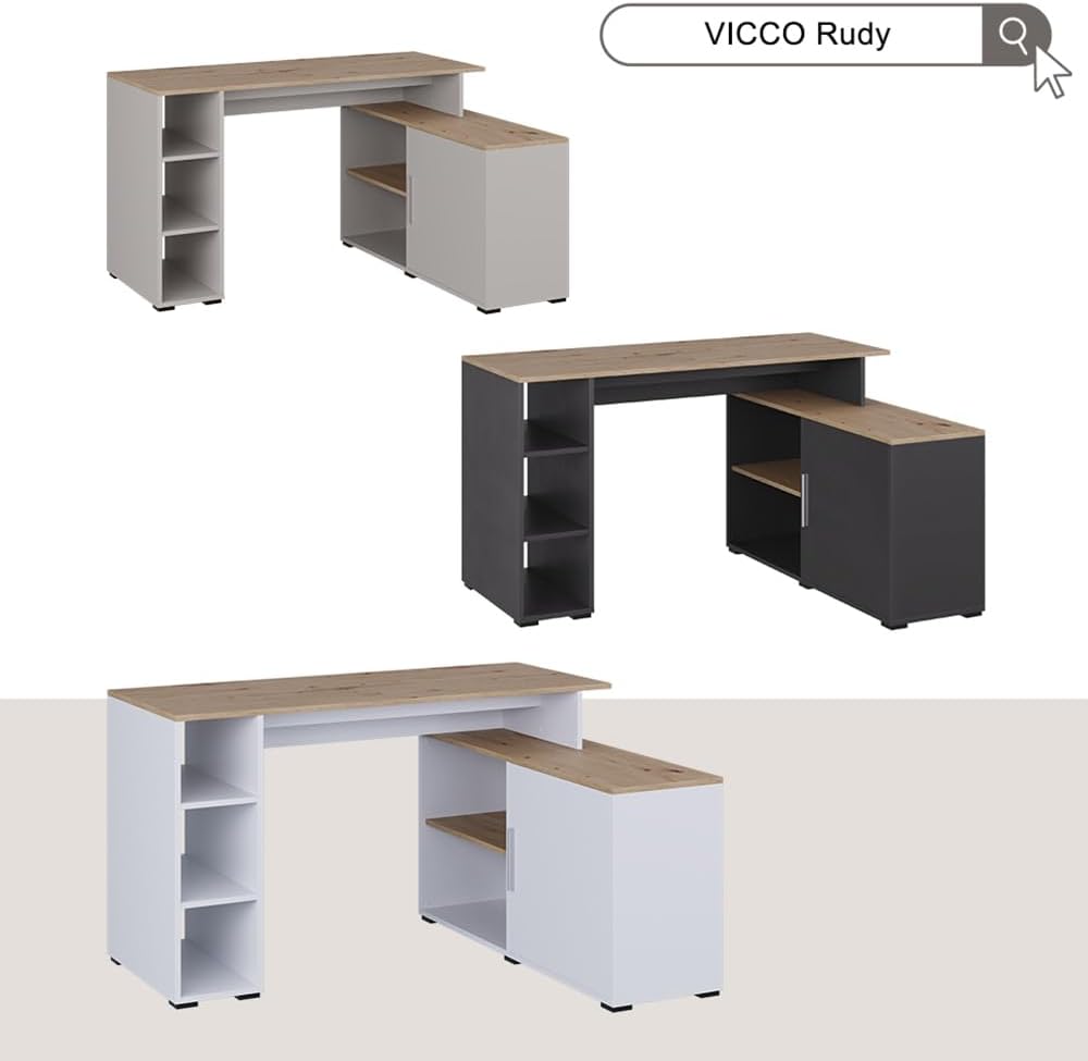 Vicco Eckschreibtisch Rudy, Weiß/Artisan, 135 x 110 cm mit Regalen