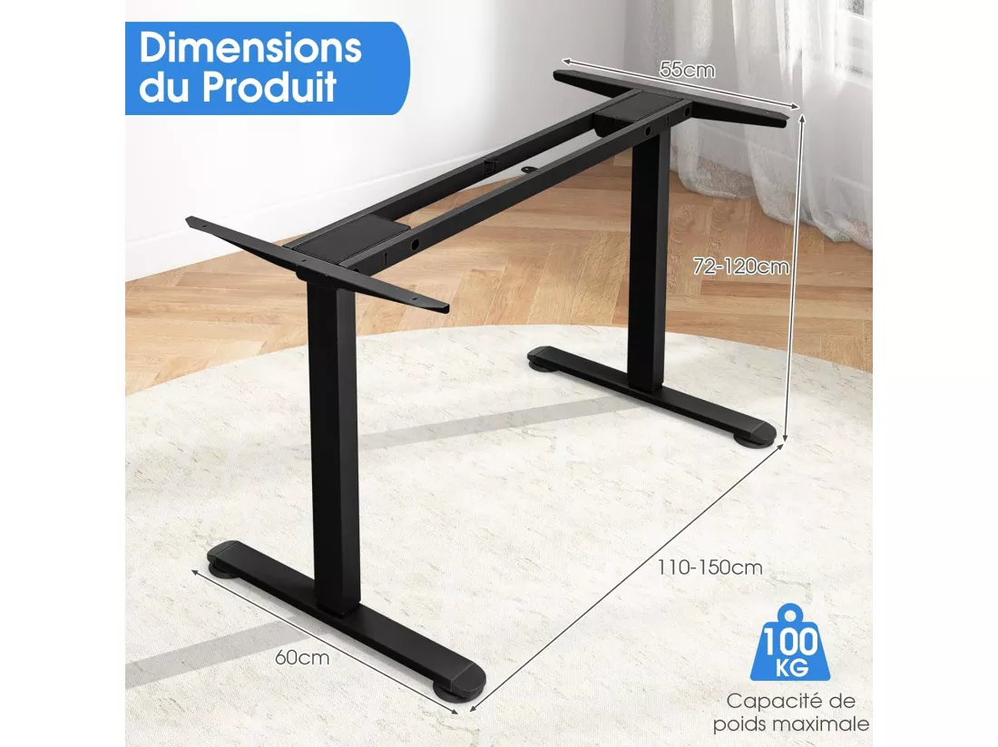 Bureau Assis-Debout Électrique à 2 Moteurs, Cadre de Bureau avec Largeur et Hauteur Réglables, Panneau de Contrôle à 4 Boutons de Mémoires, Dispositif Anti-Collision (Noir)