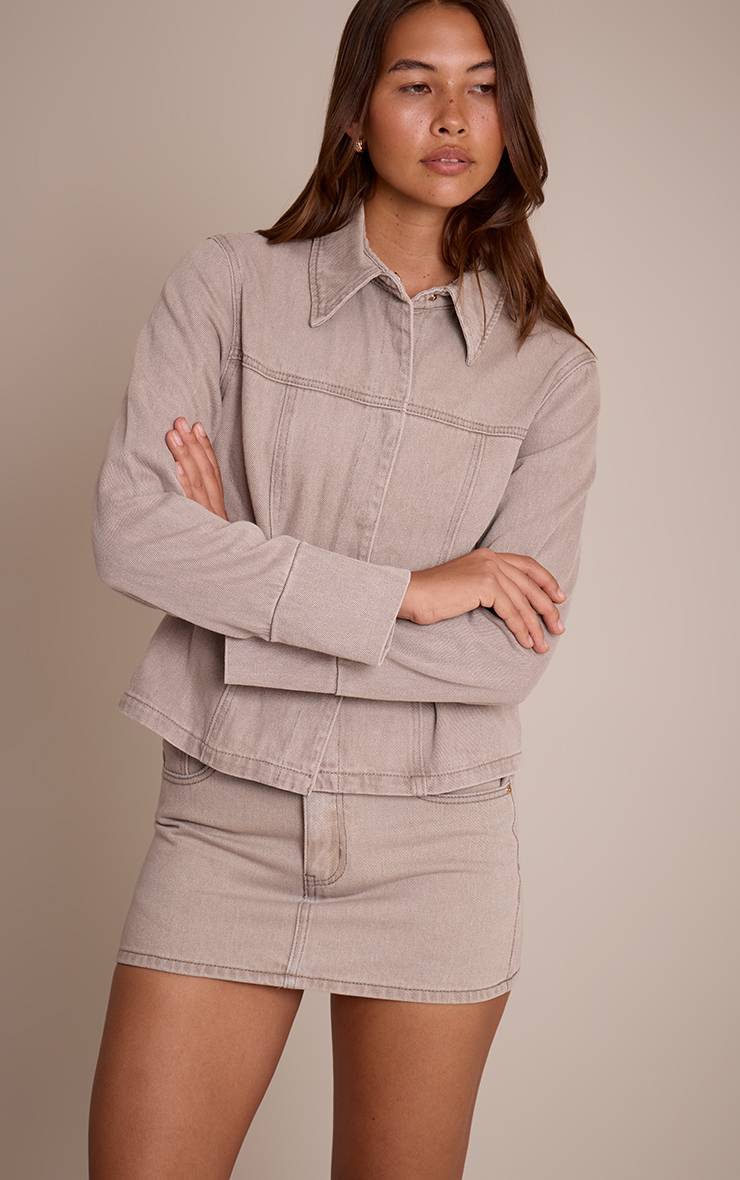 Gris Pierre Veste En Jean Courte Ceinturée À Patte De Boutonnage Dissimulée